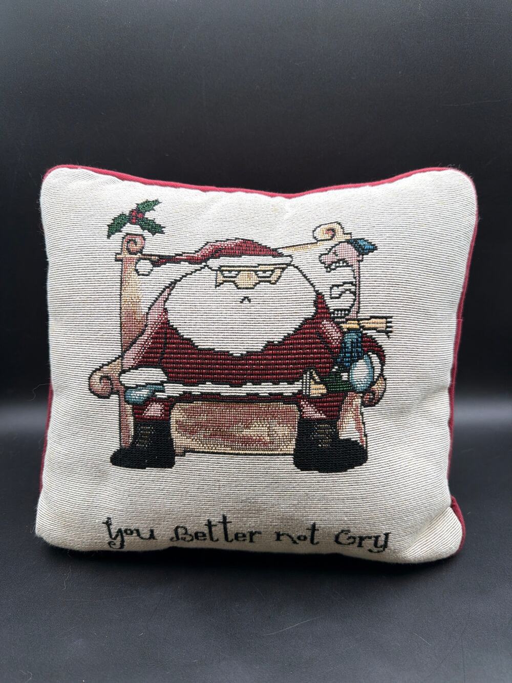 Vintage Santa You Better Not Cry Tapestry Needlepoint Christmas Pillow 11x12